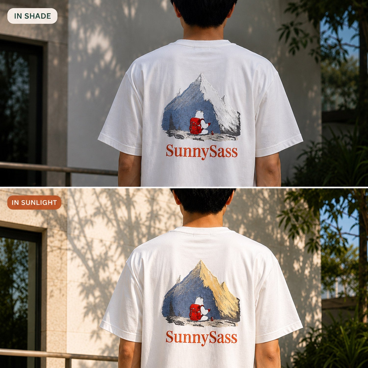 White SunnySass UV-reactive embroidered T-shirt shown in shade and sunlight with mountain details turning soft gold