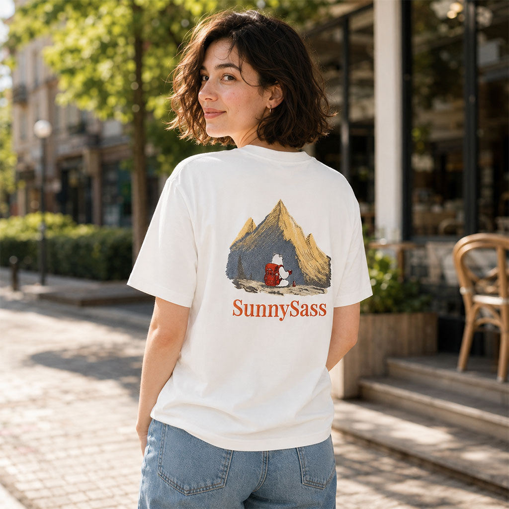SunnySass embroidered color-changing T-shirt worn outdoors in warm natural sunlight