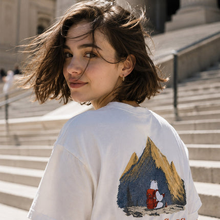 Sunlit Peaks: Hand-Embroidered Color Changing Tee -White