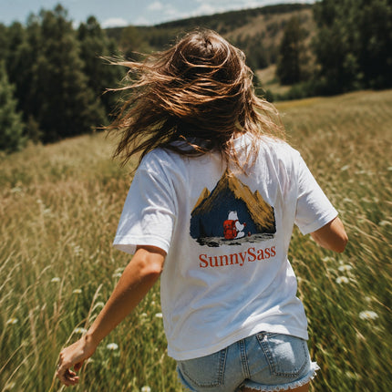 Sunlit Peaks: Hand-Embroidered Color Changing Tee -White