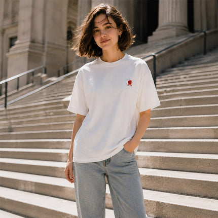 Sunlit Peaks: Hand-Embroidered Color Changing Tee -White
