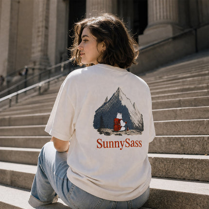 Sunlit Peaks: Hand-Embroidered Color Changing Tee -White