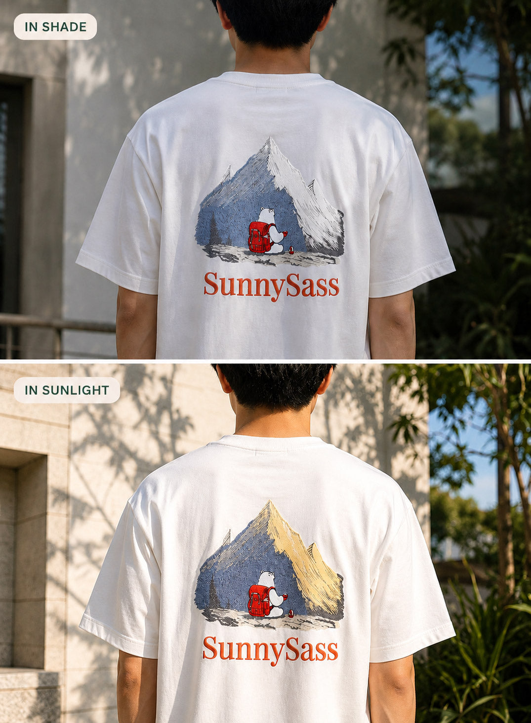 SunnySass UV-reactive embroidery shown in shade and sunlight