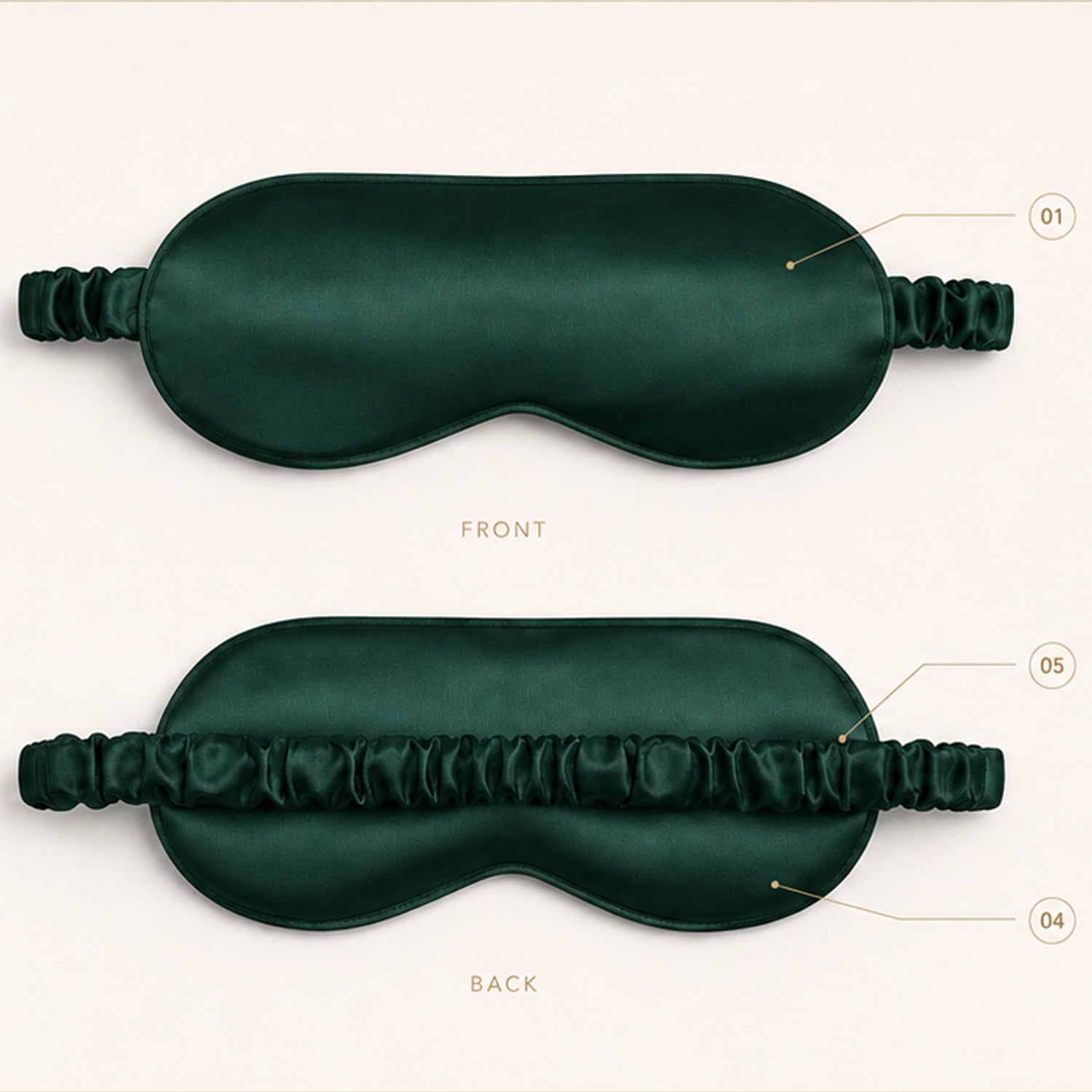 Forest green SunnySass silk sleep mask shown from the front and back