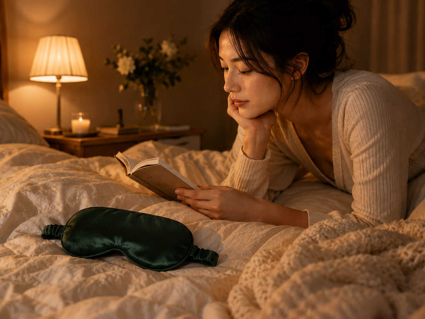 Forest green SunnySass silk sleep mask resting on soft silk bedding