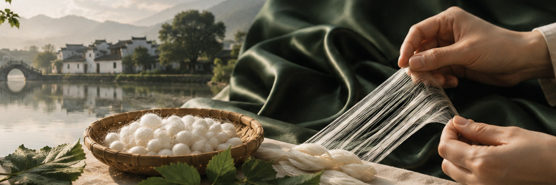 Jili Lake silk-making region with mulberry leaves, silk cocoons and fine silk threads