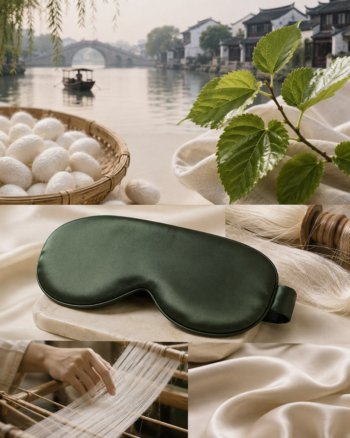 Jili Lake silk-making region with mulberry leaves, silk cocoons and fine silk threads