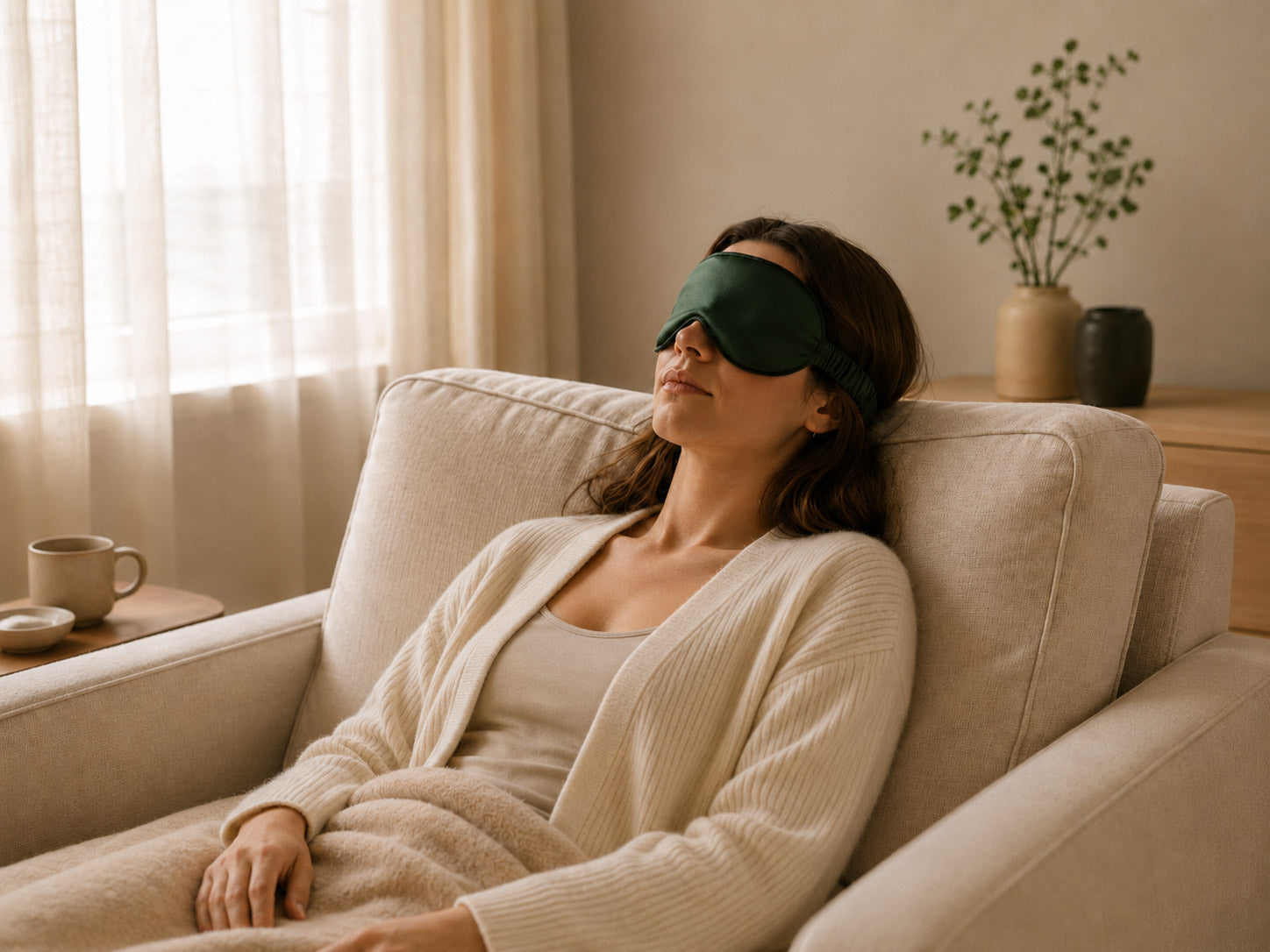 Woman wearing a Forest Whisper silk sleep mask while resting