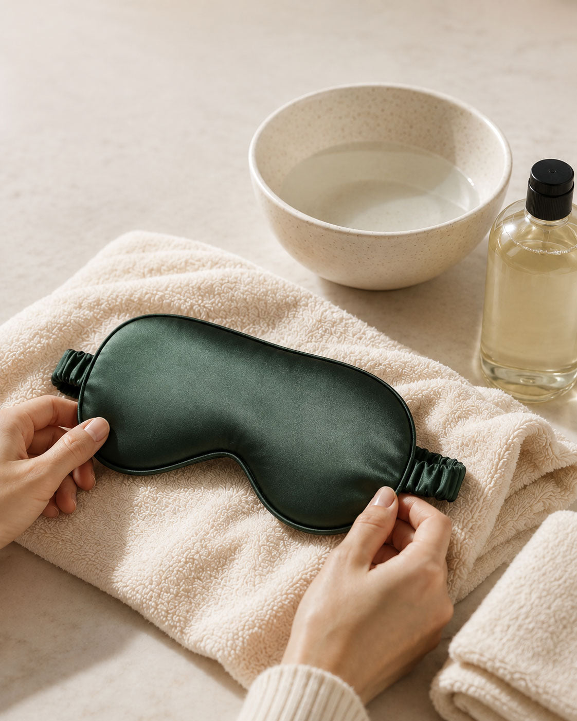 Hands gently reshaping a Forest Whisper silk sleep mask on a clean towel