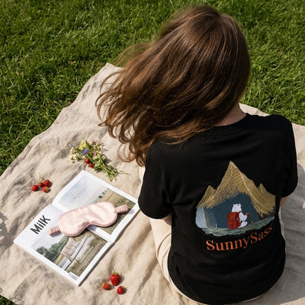 Sunlit Peaks: Hand-Embroidered Color Changing Tee -Black