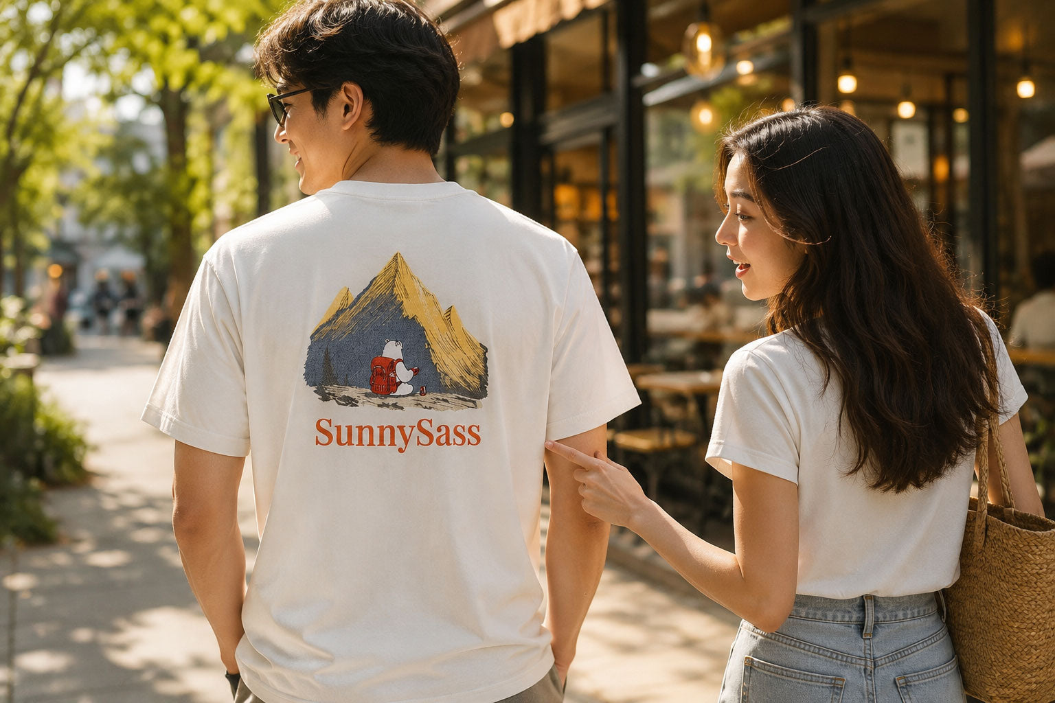 SunnySass Sunlit Peaks Tee revealing soft golden embroidery in sunlight