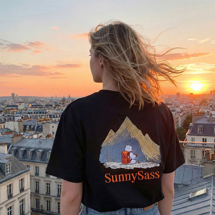 Sunlit Peaks: Hand-Embroidered Color Changing Tee -Black