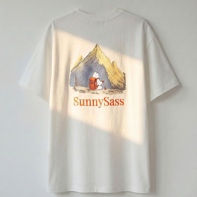 Sunlit Peaks: Hand-Embroidered Color Changing Tee -White