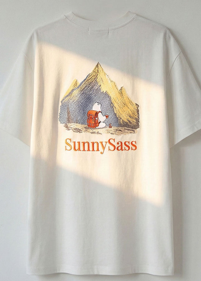 Sunlit Peaks: Hand-Embroidered Color Changing Tee -White