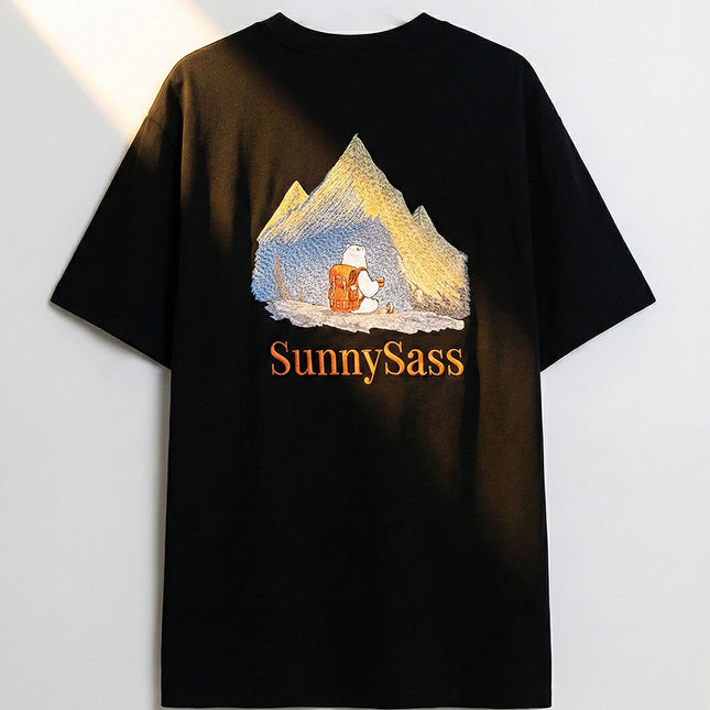 Sunlit Peaks: Hand-Embroidered Color Changing Tee -Black