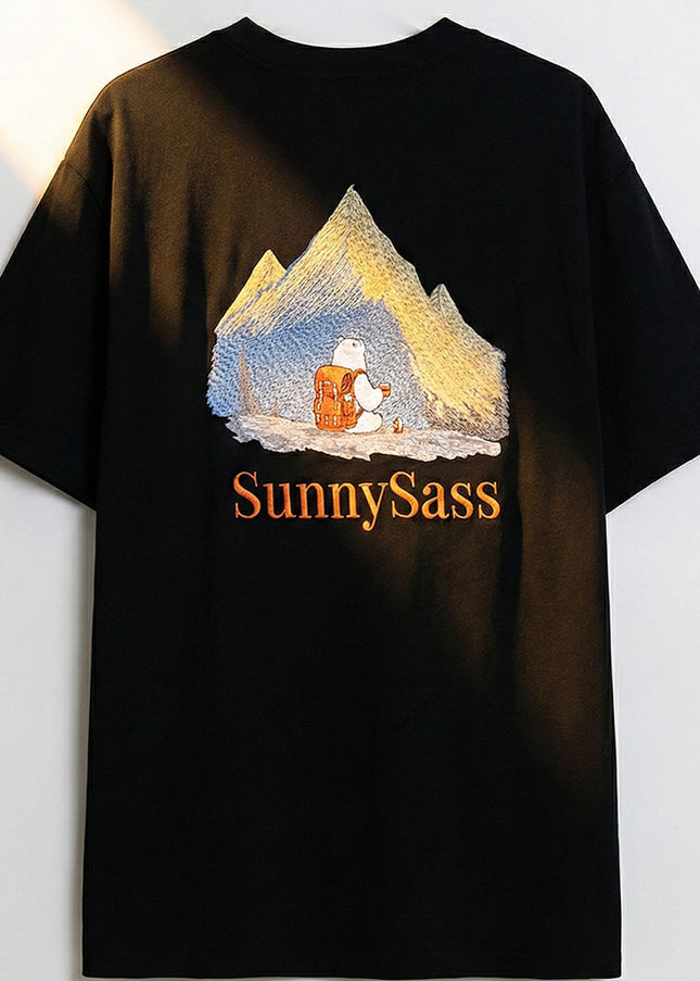 Sunlit Peaks: Hand-Embroidered Color Changing Tee -Black