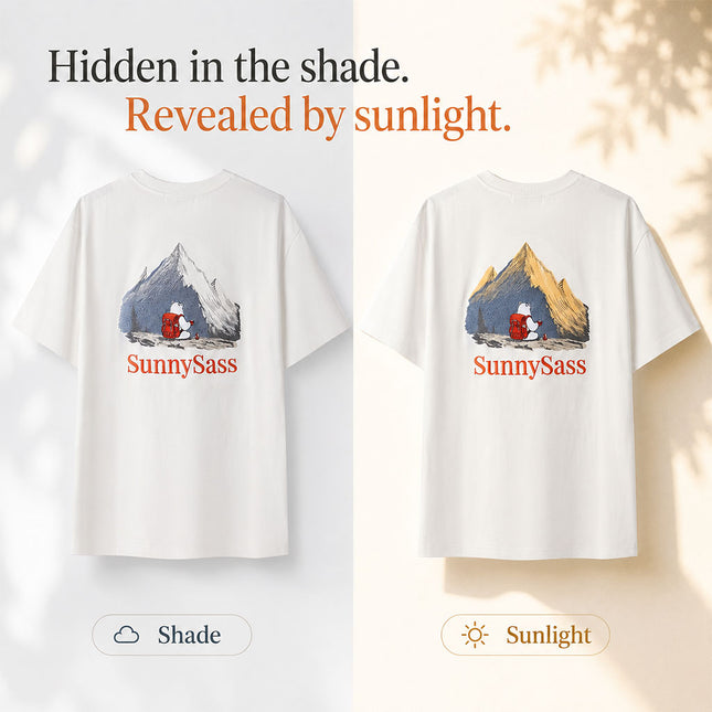 White UV-reactive T-shirt before and after sunlight exposure