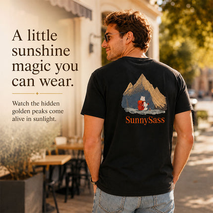 Man wearing black SunnySass UV-reactive embroidered T-shirt outdoors