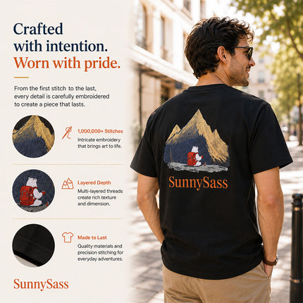 Black Sunlit Peaks embroidered T-shirt styled for everyday wear